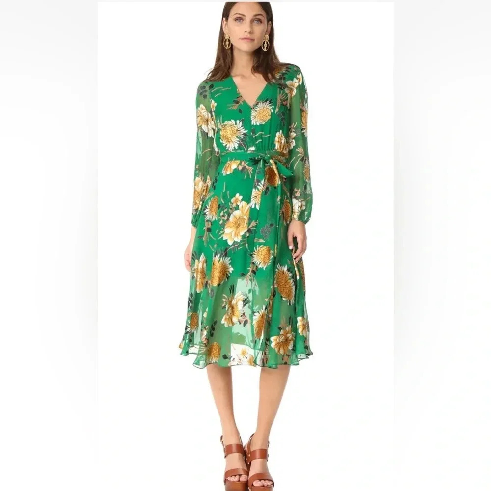 Alice + Olivia Coco Floral Silk Plunging V-Neck Midi Dress Green Size 6